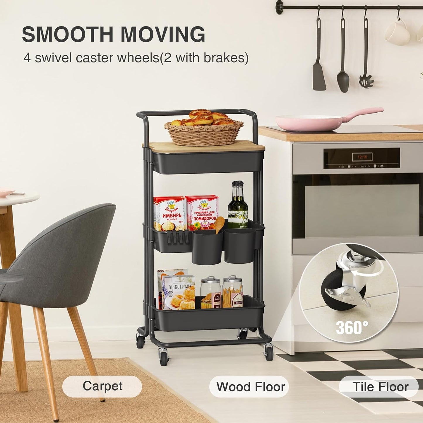 DTK 3 Tier Metal Utility Rolling Cart with Table Top and Side Bags, Tray Storage Organizer Wheels, Art Craft 4 Hooks for Kitchen Bathroom Office Living Room (Black)