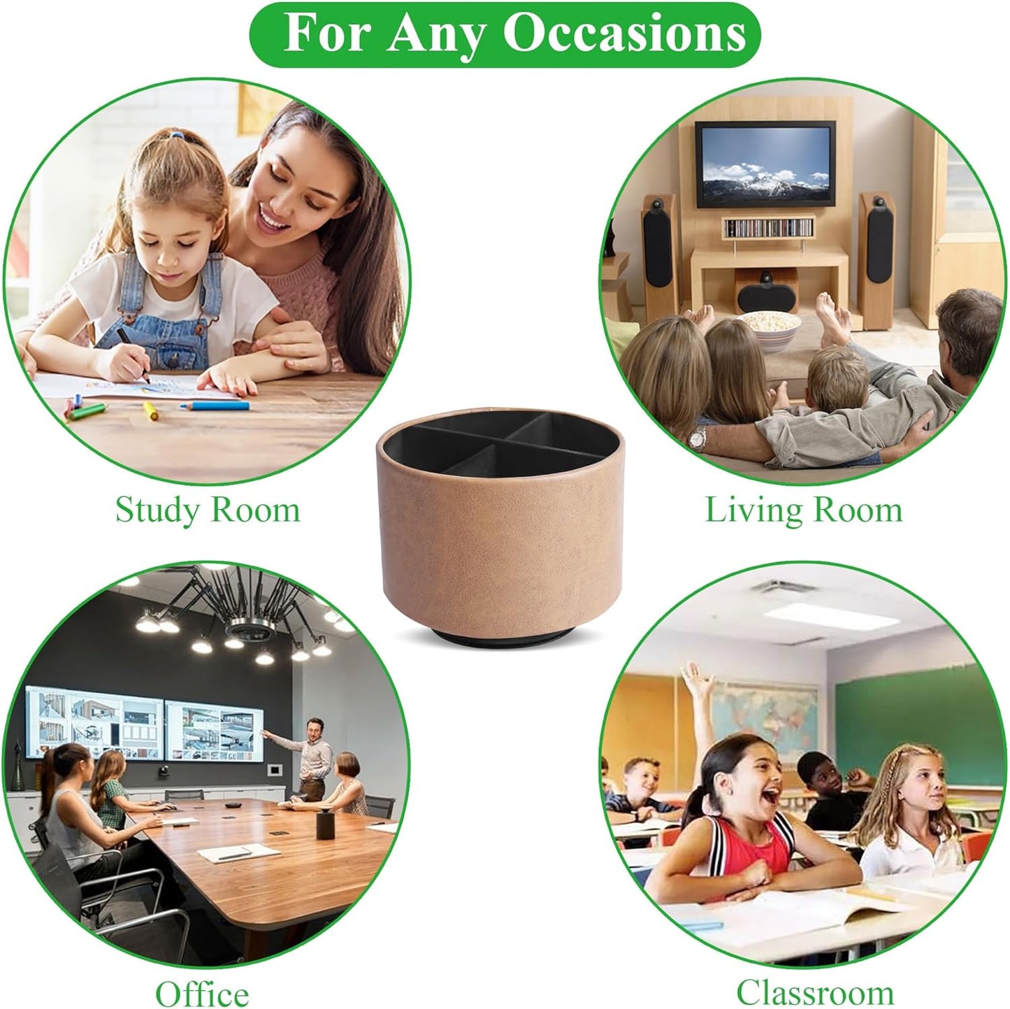 Round Leather Art Supply Organizer,Remote Control Holder,360 Degree Rotating,Multi-Functional Pencil Holder,4 Compartments Desktop Stationary Organizer(1-Fractal Flower) | Round - Colors B