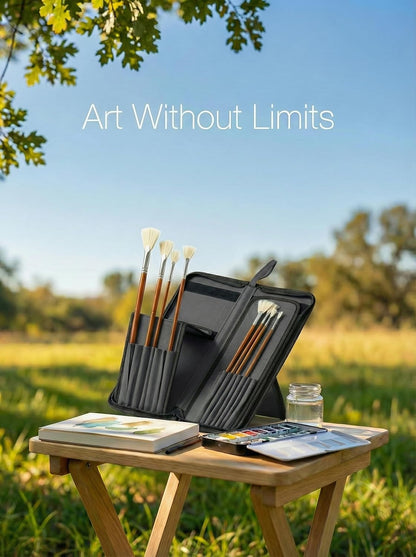 DUGATO Short Paint Brush Holder & Organizer 5.4x10.7 Inches, Blue Canvas Bag for Brushes up to 9.3" Length, Case with 15 Slots, Artist Brush Carrying Case (Brush Not Included)