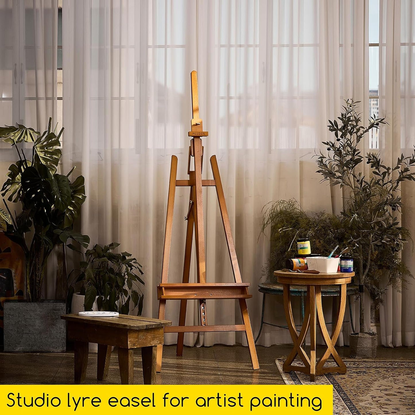 MEEDEN Large Painters Easel Adjustable Solid Beech Wood Artist Easel, Studio Easel for Adults with Brush Holder, Holds Canvas up to 48" - Walnut