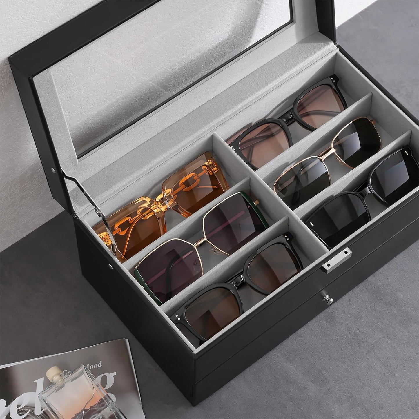 ProCase 3-layer Sunglasses Storage Organizer, 18 Slots Leather Sunglass Box Multiple Pairs Eyeglass Cases Eye Glass Eyewear Display Holder for Men Women, Valentine's Day Gift -Black