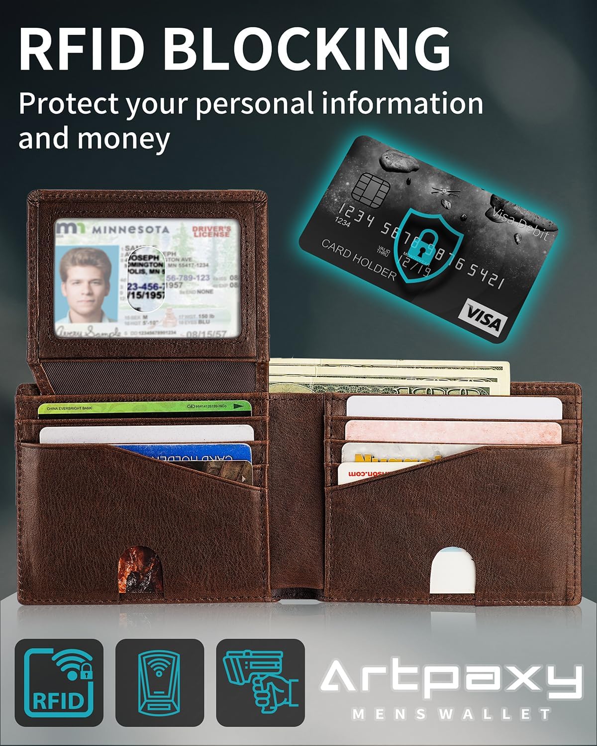 Mens Wallet With AirTag Holder, Bifold Leather RFID Blocking 1-2 ID Windows 12-13 Card Holders, Gift Box and Screen Protector Included, AirTag Not Included