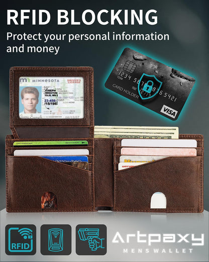 Mens Wallet With AirTag Holder, Bifold Leather RFID Blocking 1-2 ID Windows 12-13 Card Holders, Gift Box and Screen Protector Included, AirTag Not Included