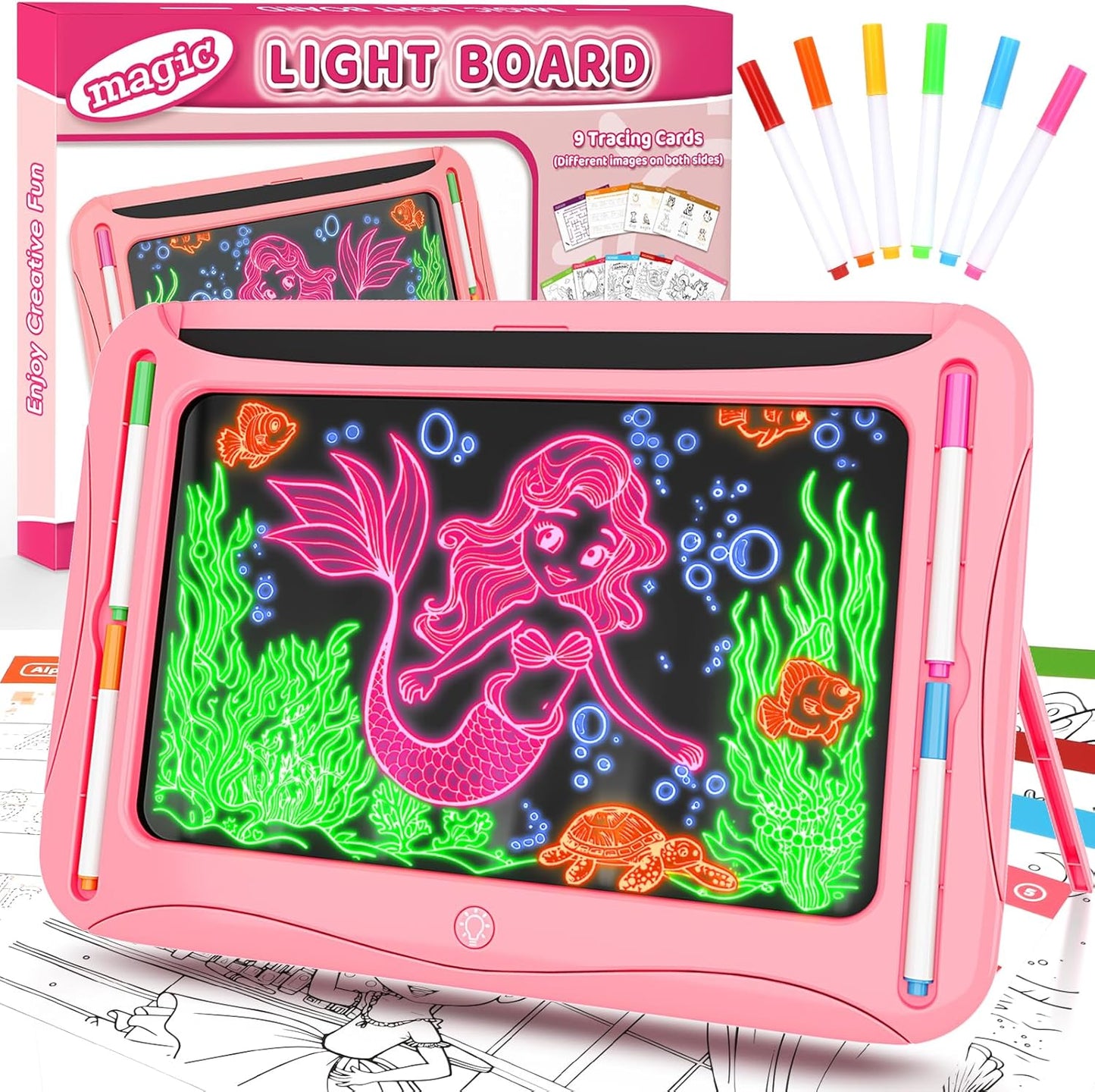 LED Drawing Board, Magic Kids Toys for Boys 4-6, Christmas Birthday Gifts, Light Up Tracing Pad, 9 Double-Sided Cards, 6 Markers, Glow in The Dark Doodle Writing Tablet, Learning Toy Arts Crafts Kits