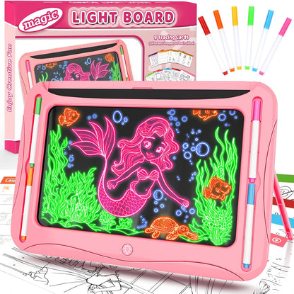 LED Drawing Board, Magic Kids Toys for Boys 4-6, Christmas Birthday Gifts, Light Up Tracing Pad, 9 Double-Sided Cards, 6 Markers, Glow in The Dark Doodle Writing Tablet, Learning Toy Arts Crafts Kits