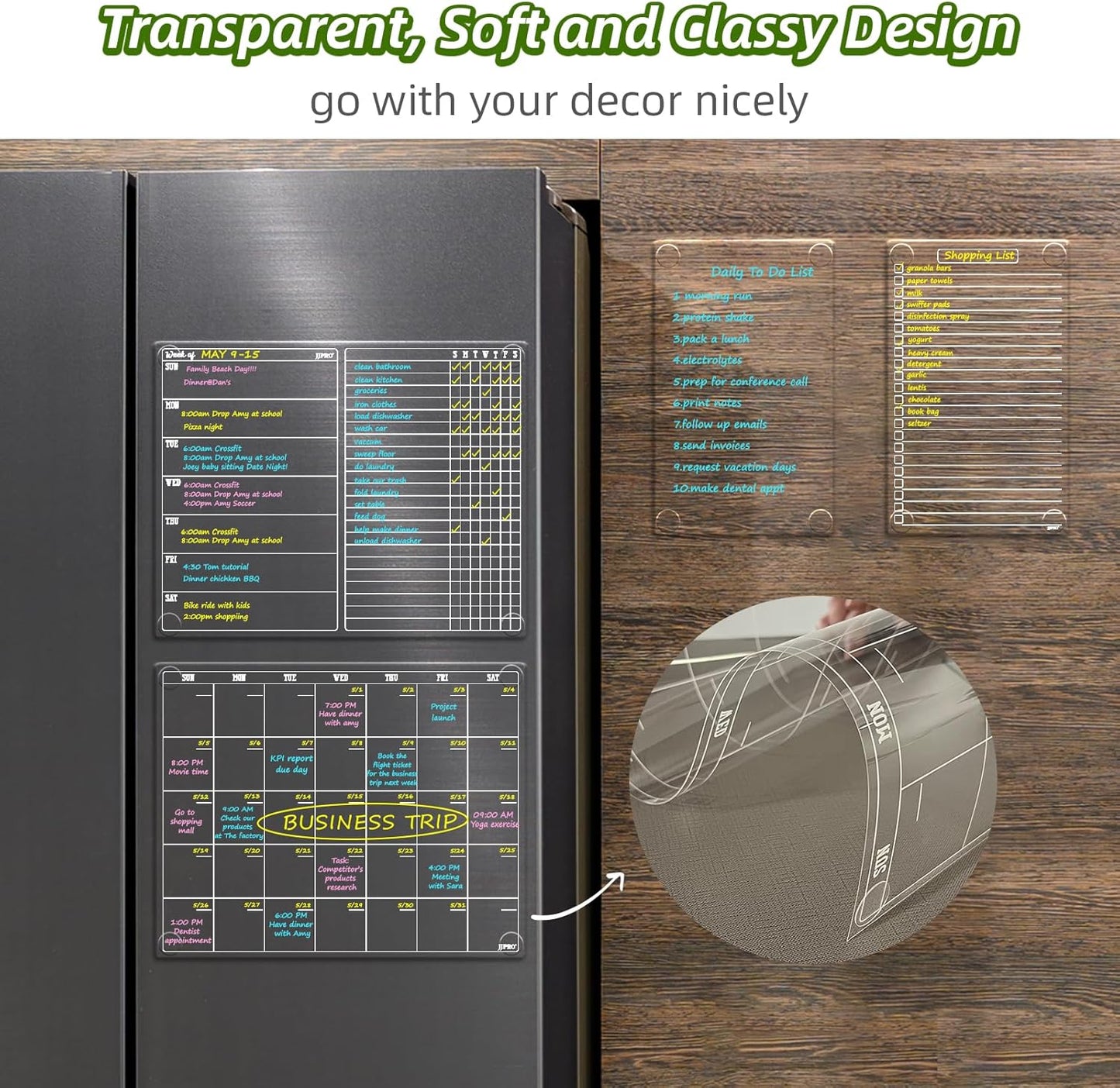 JJPRO Non-Magnetic Clear Weekly Planner & to Do List for Fridge, 8.5"x13" Dry Erase to Do List WhiteBoard,Reuasble Weekly Calendar for Refrigerator,Cabinet,Wall&Glass, All Smooth Surfaces
