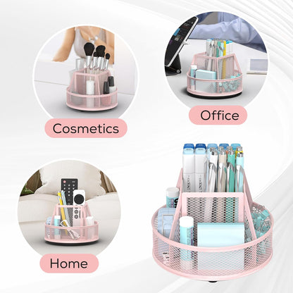 YINGHUA Metal Mesh Desk Organizer with 5 Compartments and Rotating Pencil Holder Pen and Stationery Organizer for Office Home School Anti Slip Base Black