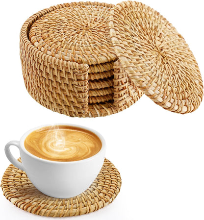 6pcs Natural Handmade Rattan Coasters with Holder - Wicker Drink Coasters Set, Housewarming Gifts Boho Summer Home Coastal Decor