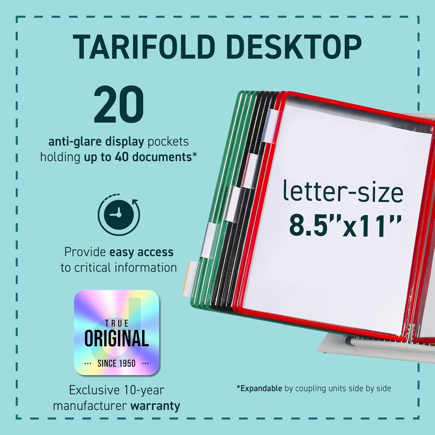 Tarifold Desktop Reference Organizer & Display System, 10 Double-Sided Pockets, 20 Sheet Capacity, Expandable, Durable Steel Wire Frames, Letter Size, Made in France, Black