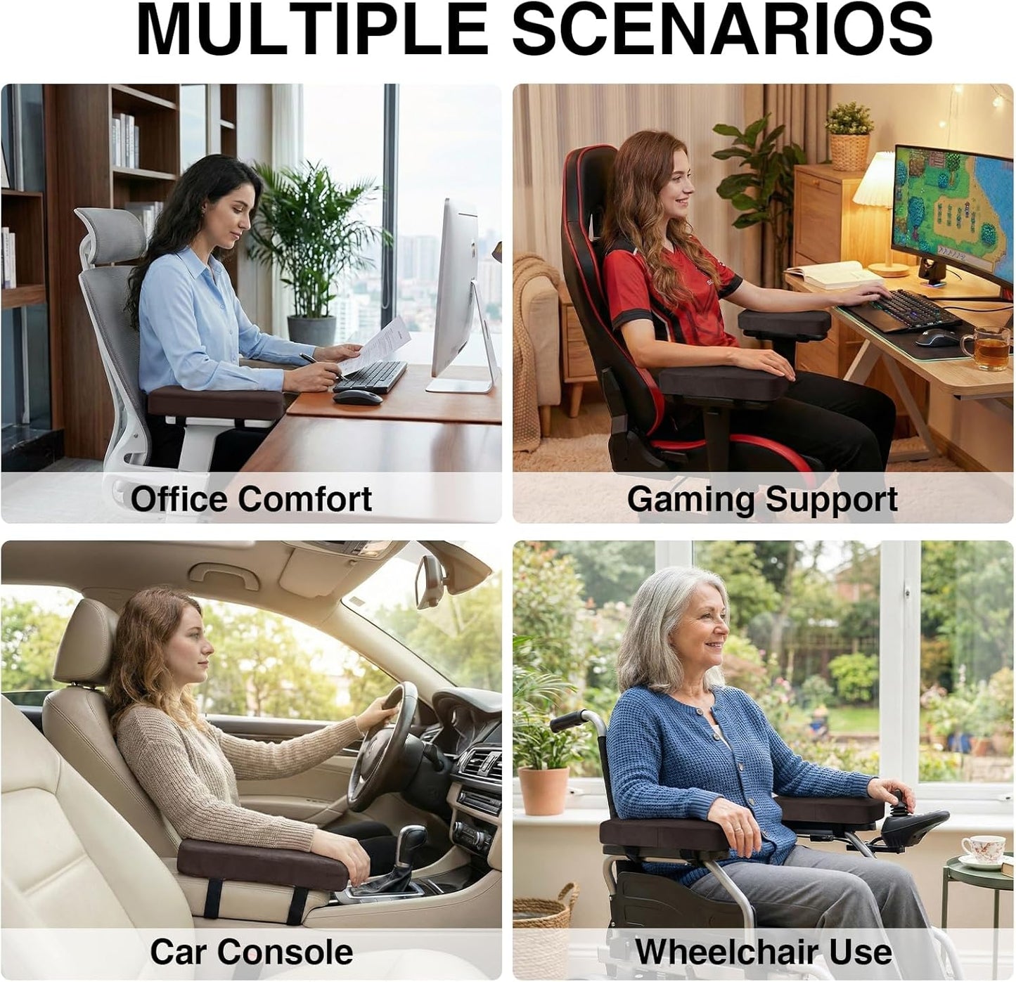 Smiry Ergonomic Office Chair Armrest Pads, Memory Foam Arm Rest Covers, Non-Slip Armrest Cushion with Adjustable Buckles and Straps, Elbow Relief for Desk, Gaming & Wheelchair (Black, Set of 2)