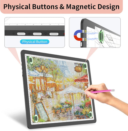 YINGWOND Rechargeable A4 Light Box for Tracing,Ultra-Thin 9000LUX Super Bright Wireless Light Pad with Adjustable Brightness Color,13.9x10 in Light Board for Diamond Painting Drawing Sketching