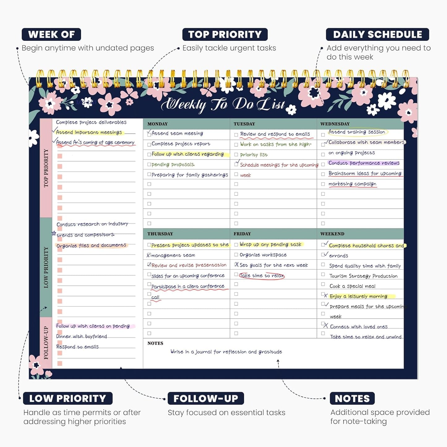 Weekly To Do List Notepad with 52 Undated Sheets（8.5"×11"）- Undated Weekly Planner Notepad for Office Desk Accessories and Supplies - Midnight Lilac