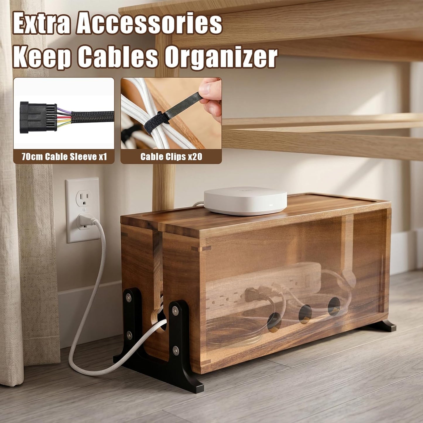 Extra Large Cable Management Box, Cord Organizer & Hider Box, Acacia Wood Cable Box for Chargers, Power Strip, USB, Floor & Desk Cables & Cords Storage, Children & Pet Safe