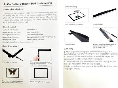 YINGWOND Rechargeable A4 LED Light Pad with Padded Case, Tracing Light Box w/Riser Stands and Paper Clip, 6 Levels of Brightness, Type-c Cable, Wireless Diamond Painting Light Board