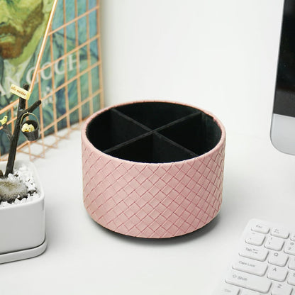 Round Leather Art Supply Organizer,Remote Control Holder,360 Degree Rotating,Multi-Functional Pencil Holder,4 Compartments Desktop Stationary Organizer(1-Fractal Flower) | Round - Colors A