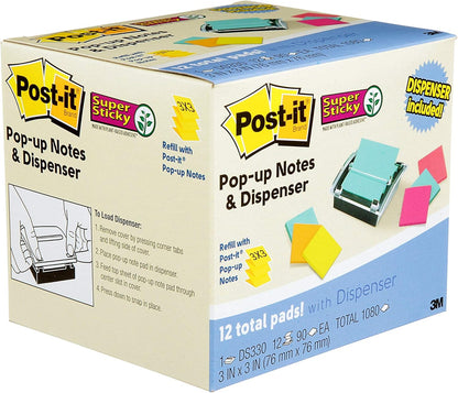 Post-it Sheet Super Sticky Note and Dispenser Value Pack, 3 in x 3 in, 12 Pads, Assorted Colors (DS330-SSVA)