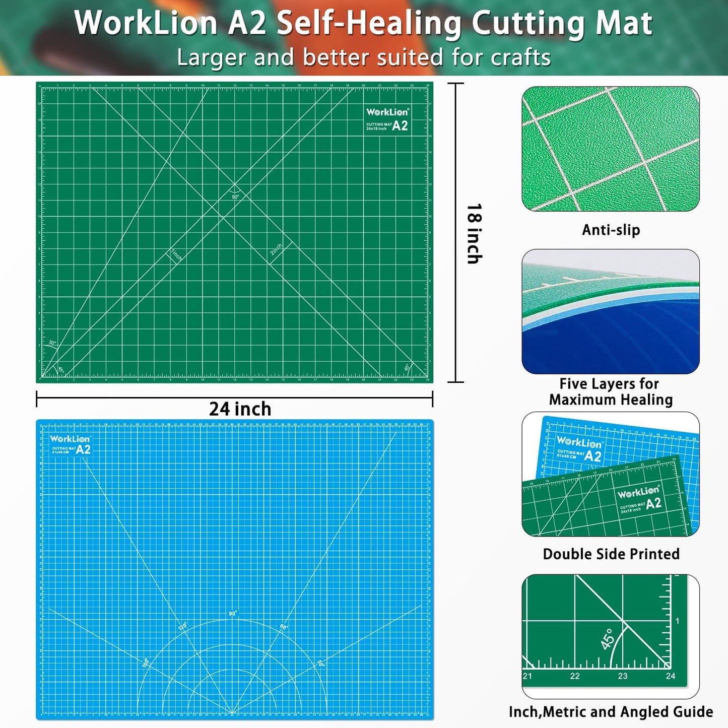 Worklion Self Healing Cutting Mat for Craft-Thickened 18inch x 12inch fabric sewing mat for quilting,rotary cutting, nonslip