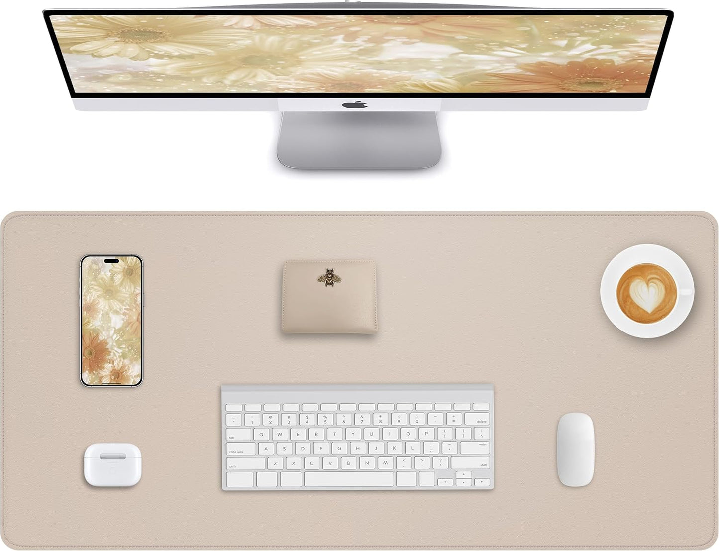 AFIING Desk Pad Protector 23.6" x 13.7" - Non-Slip Waterproof PU Leather Desk Mat for Mouse, Keyboard, Laptop, Office and Home Workspace (Beige)
