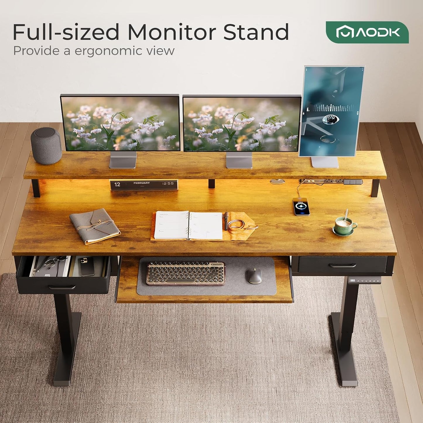 AODK Electric Standing Desk with Drawers & Keyboard Tray, 55 Inch Height Adjustable Gaming Desk with Power Outlets & LED Lights, Sit Stand Table with Monitor Stand for Home, Office, Rustic Brown