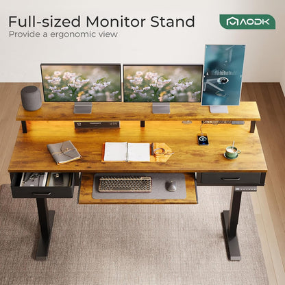 AODK Electric Standing Desk with Drawers & Keyboard Tray, 55 Inch Height Adjustable Gaming Desk with Power Outlets & LED Lights, Sit Stand Table with Monitor Stand for Home, Office, Rustic Brown
