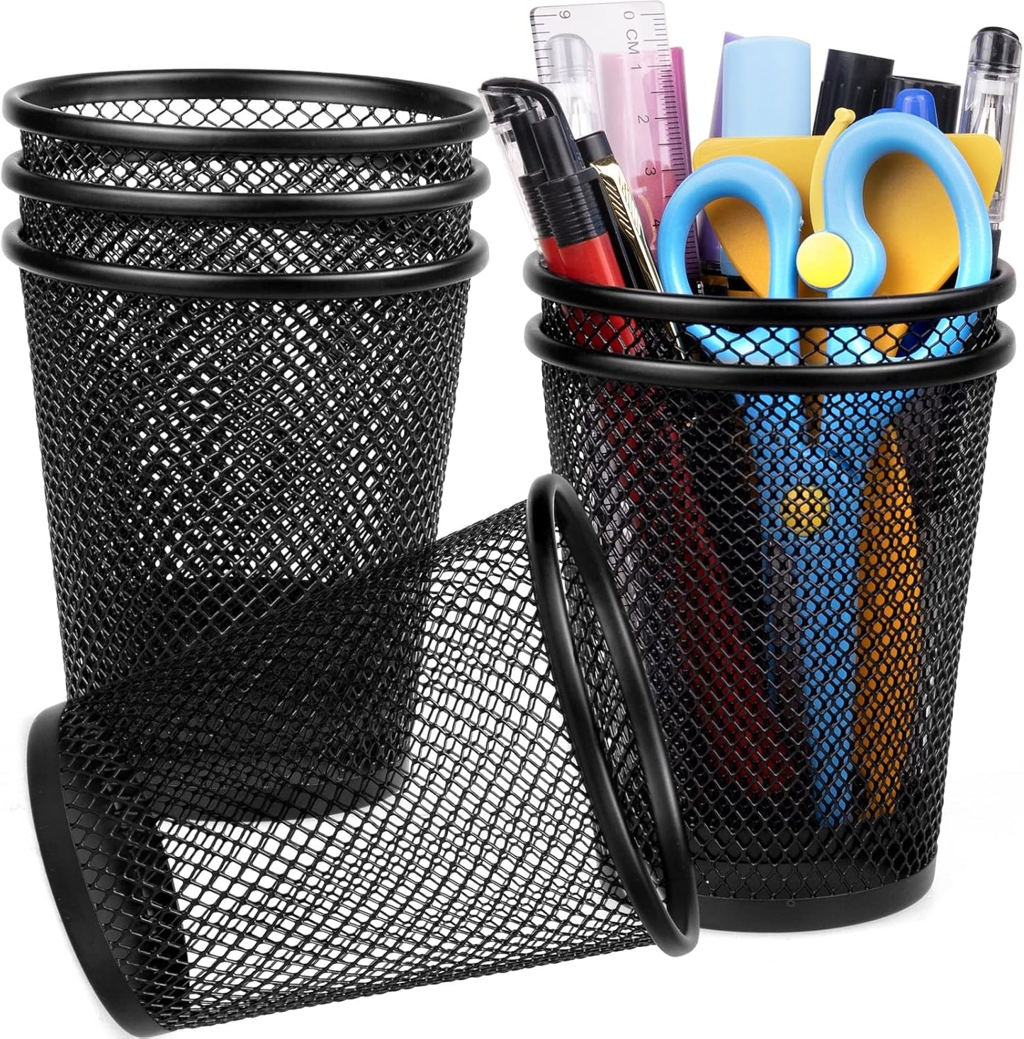 QYH Mesh Pen Cup Metal Pencil Holder for Desk 6 Packs Black Pen Organizer Office 3.54x3.93 Inch