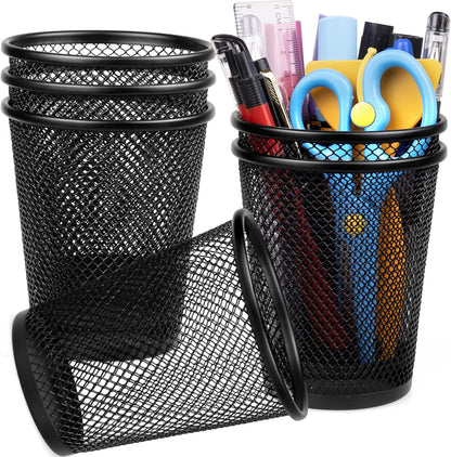 QYH Mesh Pen Cup Metal Pencil Holder for Desk 6 Packs Black Pen Organizer Office 3.54x3.93 Inch