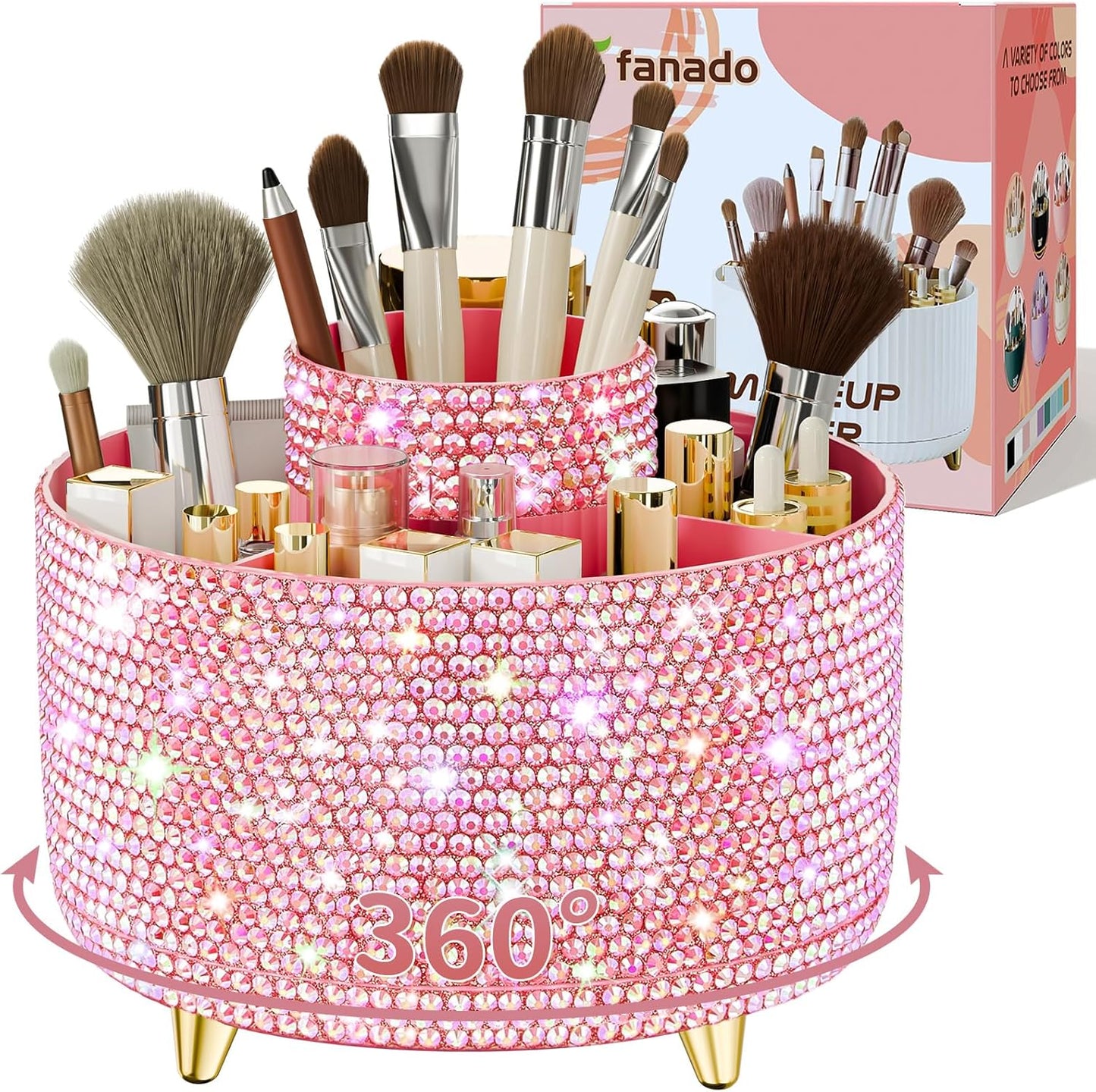 fanado 360° Rotate Makeup Brush Holder Organizer, Makeup Organizers Countertop, Makeup organization and Skincare Storage for Vanity, Desktop, Bathroom (White)