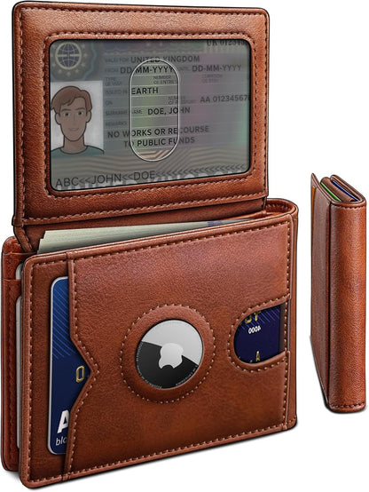 miyozi AirTag Wallet for Men, Slim Leather Bifold with Holder Slot, 2 ID Windows & 13 Card Slots, RFID Blocking Front Pocket Wallet with Gift Box