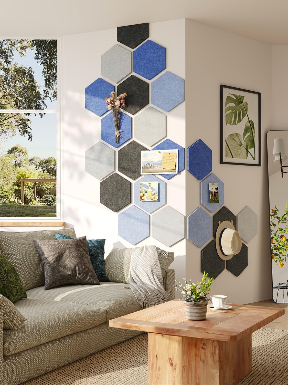 8 Pack Hexagon Felt Bulletin Board Tiles - 12" Large Thick Pin Board for Walls with 30 Push Pins, DIY Boards for Office Home School Decor, Aesthetic Hex Cork Board Alternative
