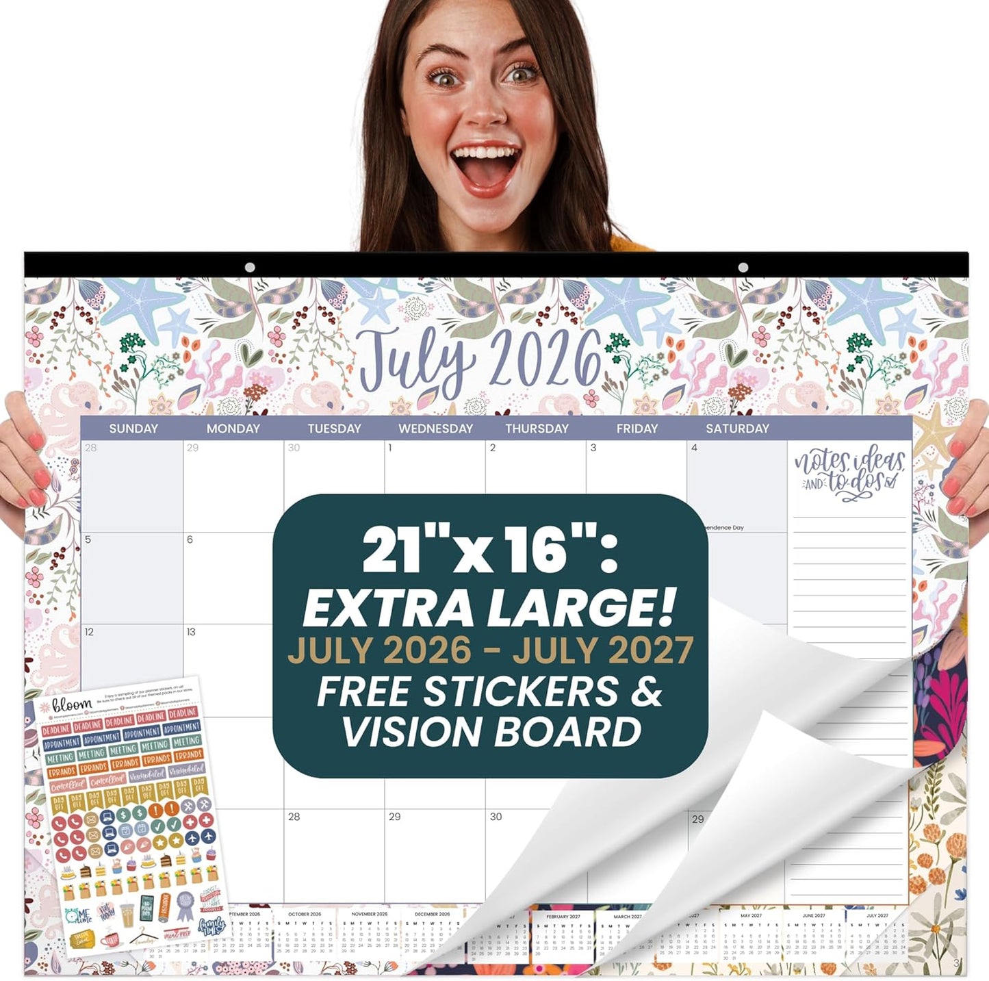 bloom daily planners Desk Calendar 2026-2027 - Academic Year Large Wall Calendar (July 2026 - July 2027) - 21” x 16” Desktop & Hanging Monthly Planner with Stickers for Home or Office - Seasonal