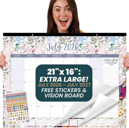 bloom daily planners Desk Calendar 2026-2027 - Academic Year Large Wall Calendar (July 2026 - July 2027) - 21” x 16” Desktop & Hanging Monthly Planner with Stickers for Home or Office - Seasonal