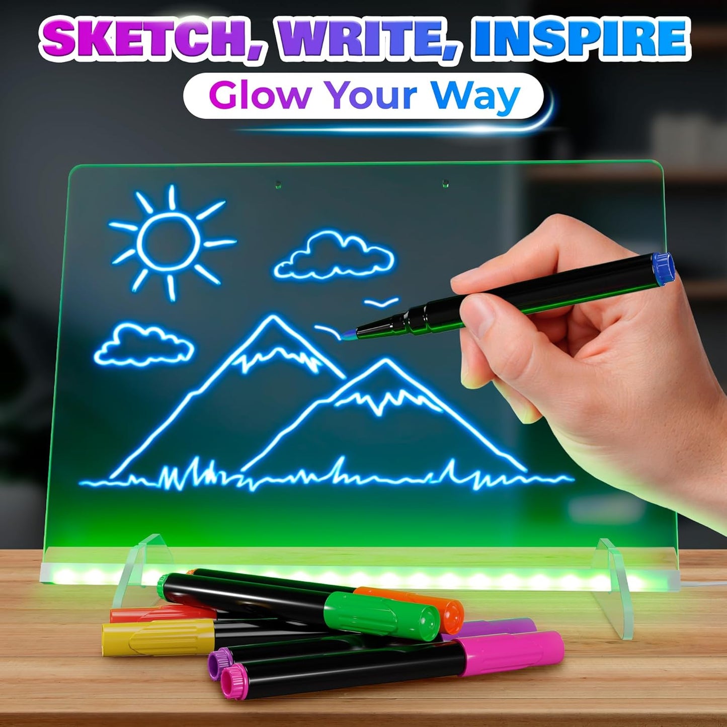 Upgraded 16-Inch LED Drawing Board Rechargeable – 7 Colors, 10 Lighting Effects, Adjustable Brightness – Acrylic Light Board for Tracing with Stand, Markers & Complete Set – Birthday Gift Idea (Black)
