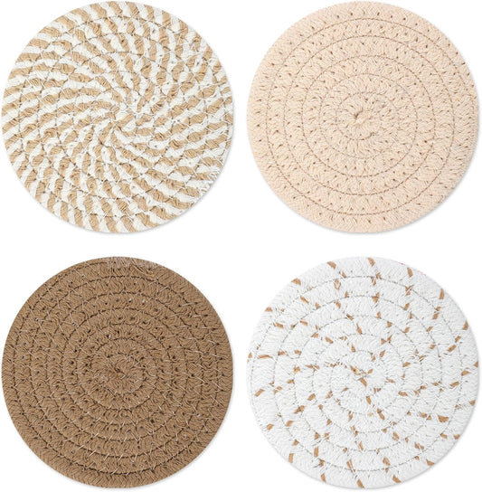 Woven Coasters, Brown Cute Coasters for Desk Minimalist Aesthetic Coaster Set of 4 for Kitchen Dining Coffee Desk Tabletop Protection Housewarming Gift for Home Decor (4.13in/10.5cm)