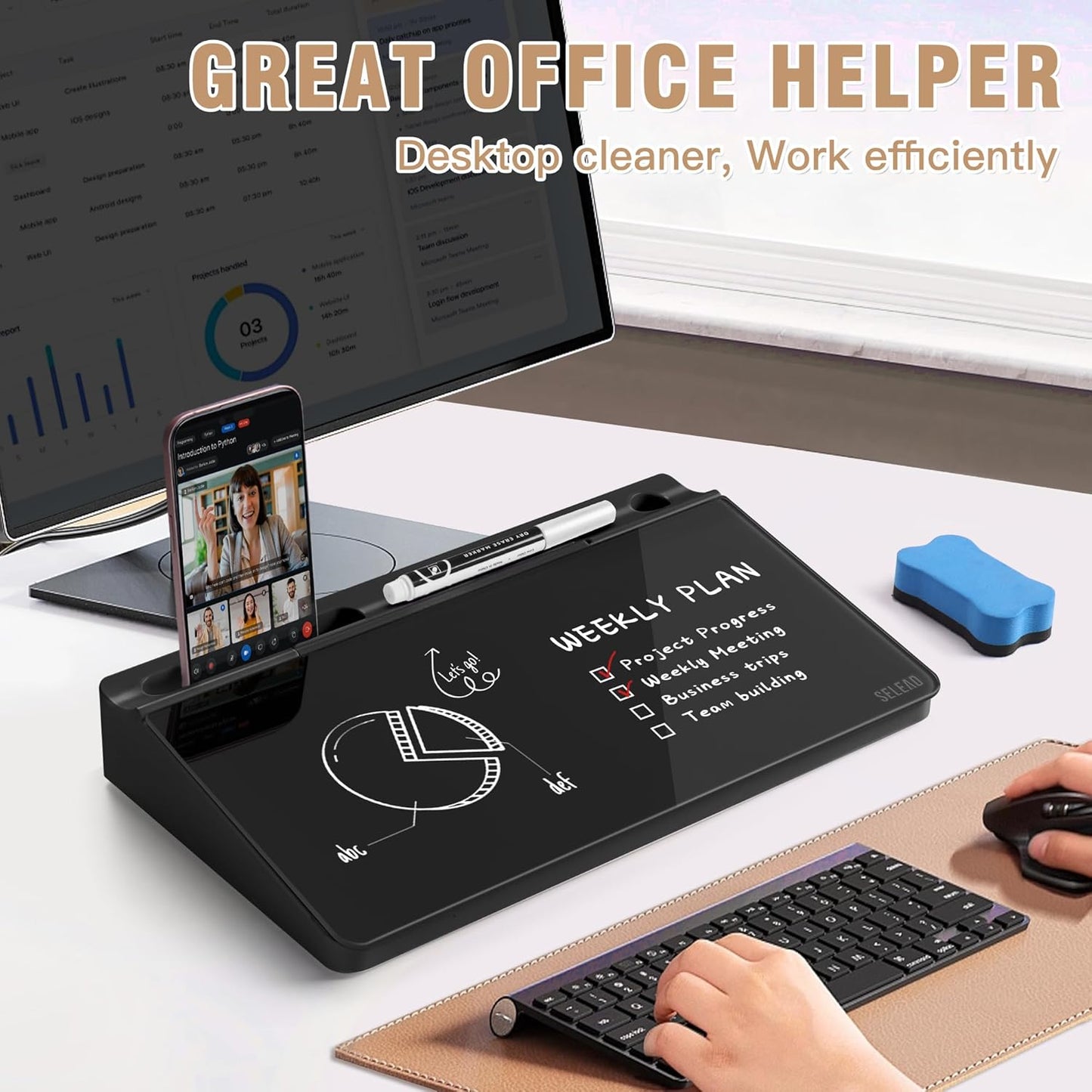 SELEAD Desktop Glass Whiteboard with Wireless Charger Station, Dry Erase Board Computer Pad Keyboard Stand with Organizer for Home, School, Office Desk Accessories, Black