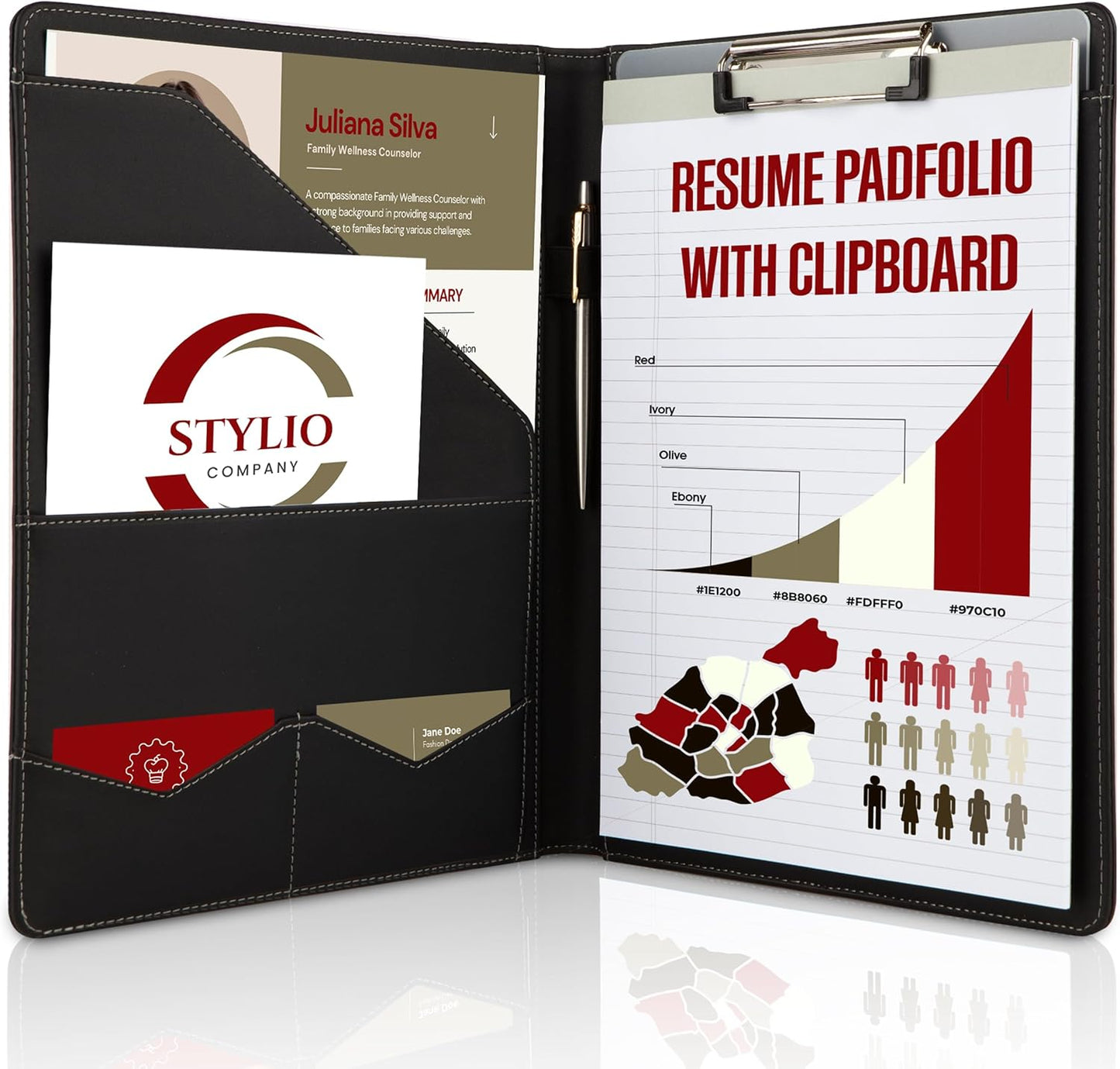 STYLIO Padfolio Portfolio Organizer Binder | Interview Resume Folder, Legal Document, Business Card Holder |w/Letter-Sized Notepad | Handsome Piano Noir Faux Leather Folio Matte Finish, Accent Stitch