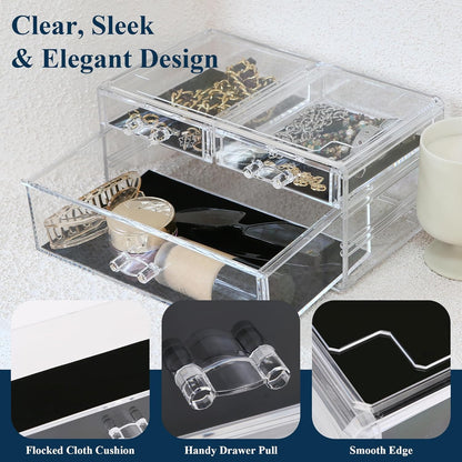 Sea Team Clear Makeup Organizer with Drawers, Acrylic Plastic Cosmetic Display Case, Jewelry Storage Box, Holder for Dresser, Bathroom, Vanity, Countertop (3 Middle Drawers)