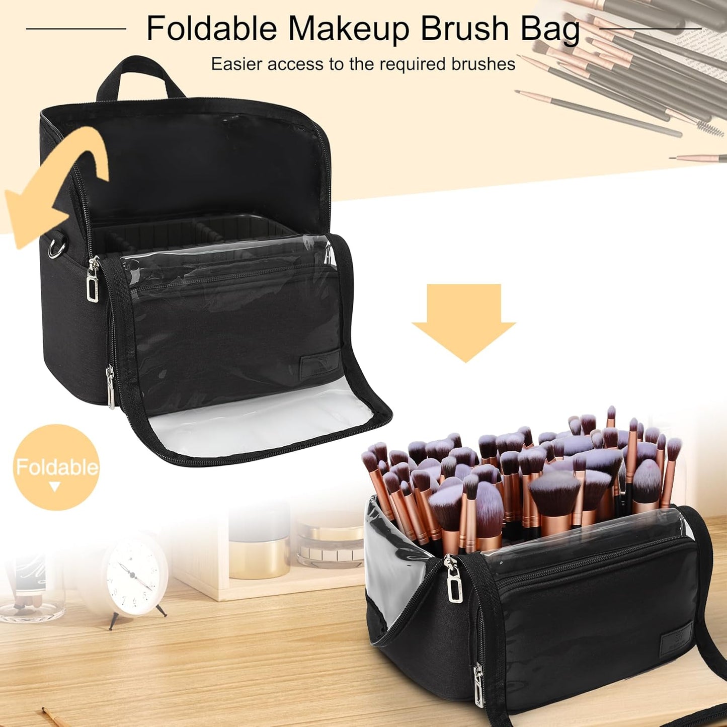 Makeup Brush Bag, Makeup Brush Holder Travel Stand-up Makeup Cup Large Makeup Brush Organizer Case Professional Cosmetic Bag Artist Storage Bag with Adjustable Divider (Large, Black)