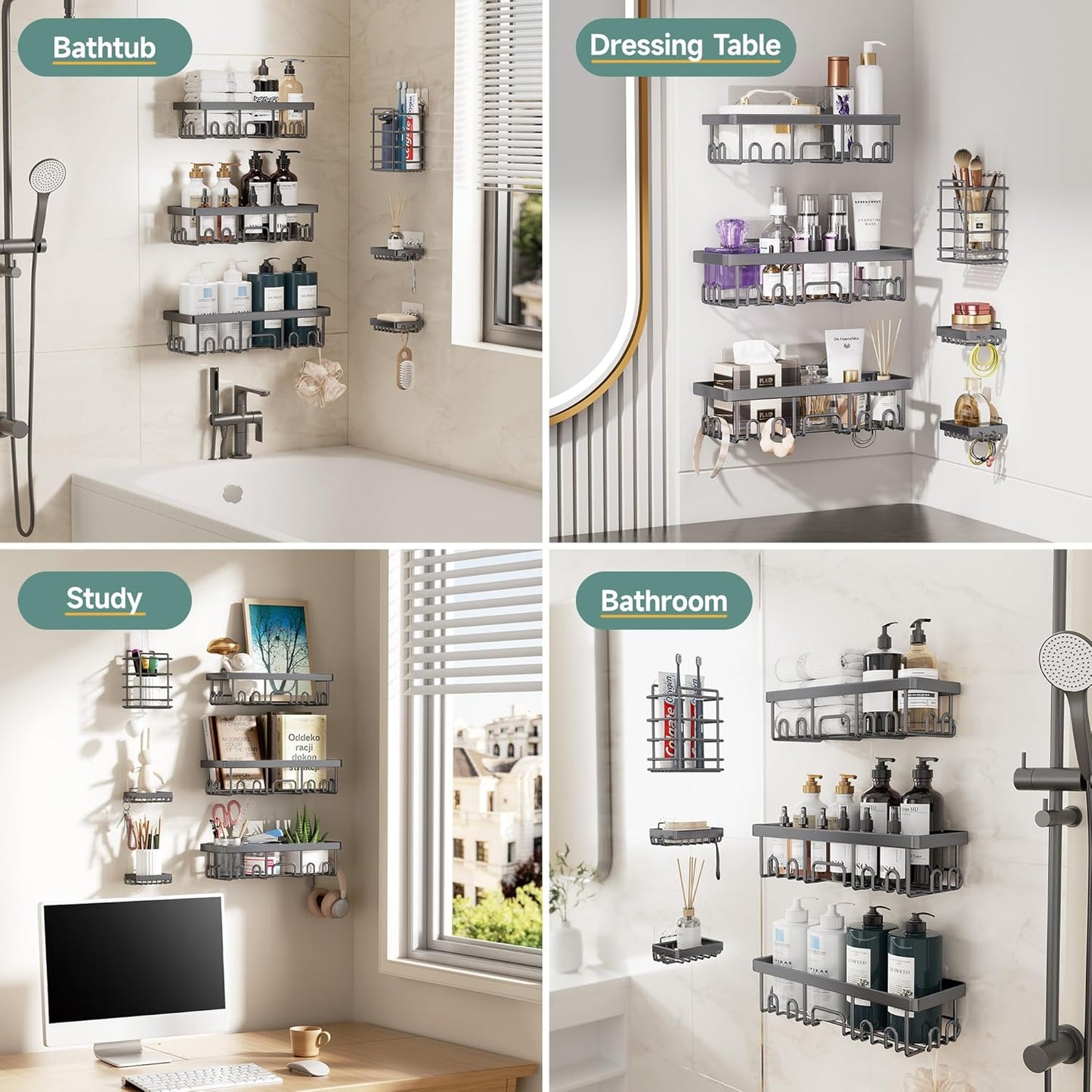 Veken Shower Caddy 6-Pack, Advanced Rustproof Design, No Drilling Adhesive Shelves, Rack with Soap Holder, Large Capacity Bathroom Organizers and Storage, Wall-Mounted Kitchen & Home Decor