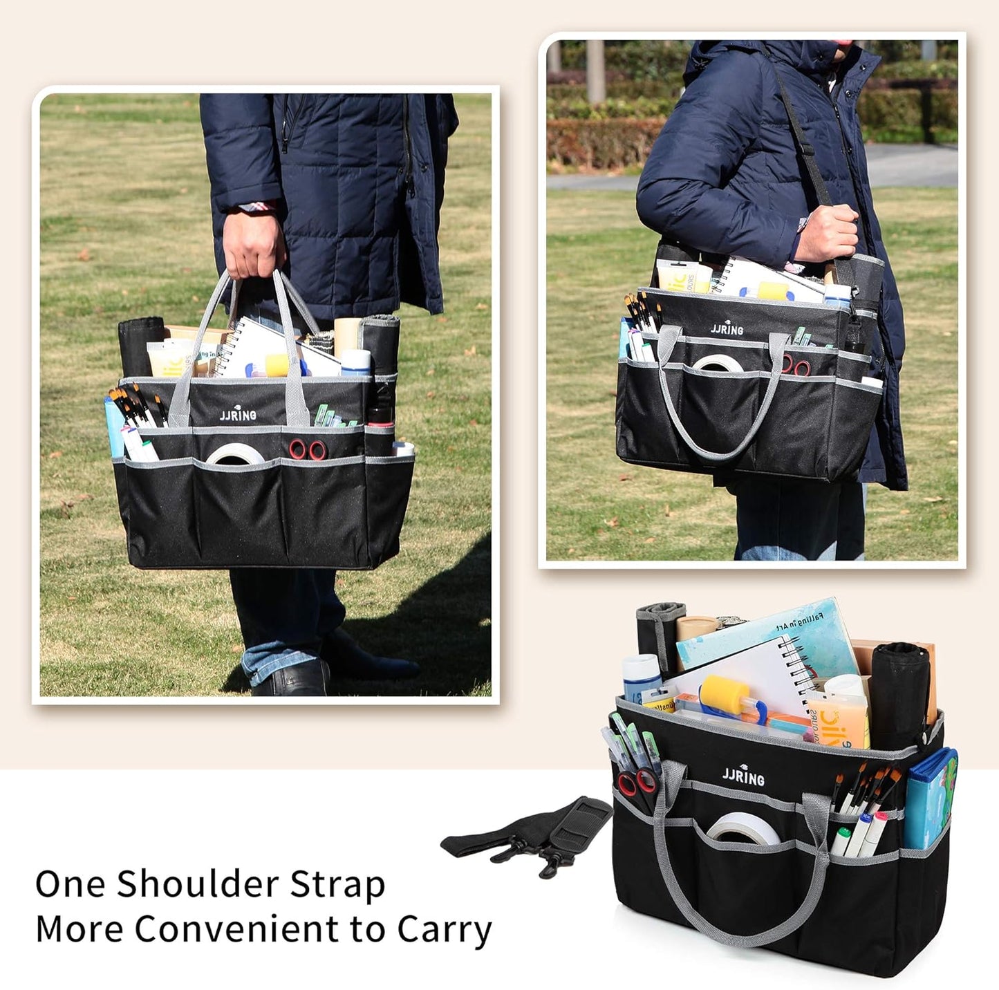 Jjring Craft and Art Organizer Tote Bag - 600D Silver Nylon Fabric Art Caddy with Pockets - for Art, Craft, Sewing, Medical, and Office Supplies Storage
