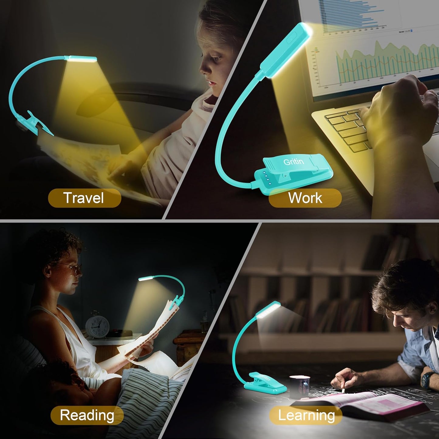 Gritin 9 LED Rechargeable Book Light for Reading in Bed - Eye Caring 3 Color Temperatures,Stepless Dimming Brightness,80 Hrs Runtime Small Lightweight Clip On Book Reading Light for Studying