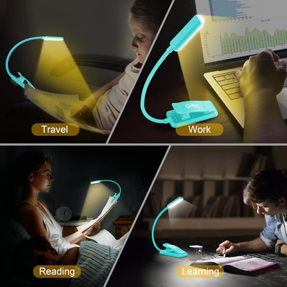 Gritin 9 LED Rechargeable Book Light for Reading in Bed - Eye Caring 3 Color Temperatures,Stepless Dimming Brightness,80 Hrs Runtime Small Lightweight Clip On Book Reading Light for Studying