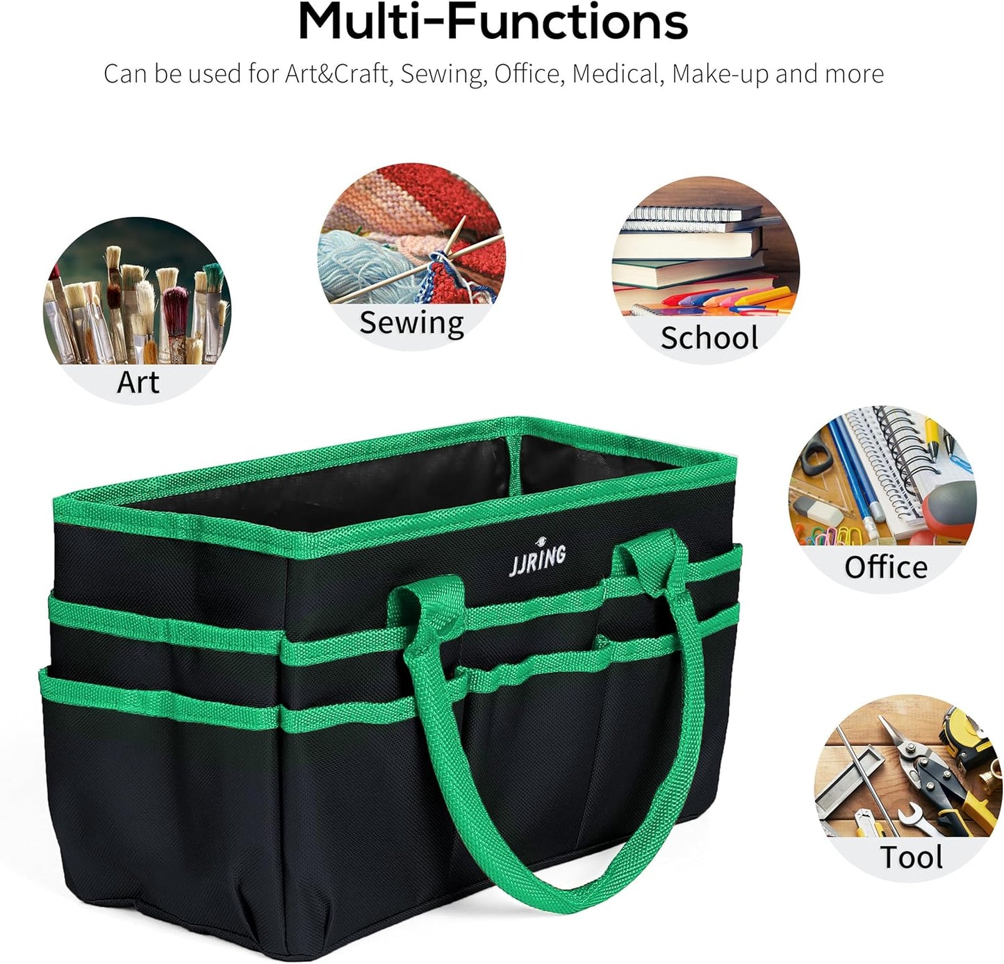 Jjring Craft and Art Organizer Tote Bag - 600D Silver Nylon Fabric Art Caddy with Pockets - for Art, Craft, Sewing, Medical, and Office Supplies Storage