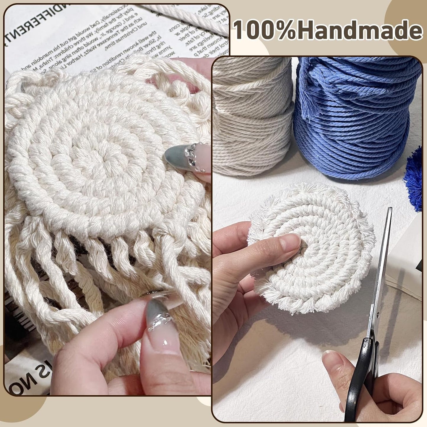 7.4in Boho Coasters for Drinks, Handmade Woven Absorbent Coasters for Desk, Farmhouse Cute Coaster for Mugs Cups - Gifts for Women, Beige