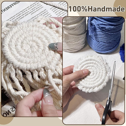 7.4in Boho Coasters for Drinks, Handmade Woven Absorbent Coasters for Desk, Farmhouse Cute Coaster for Mugs Cups - Gifts for Women, Beige