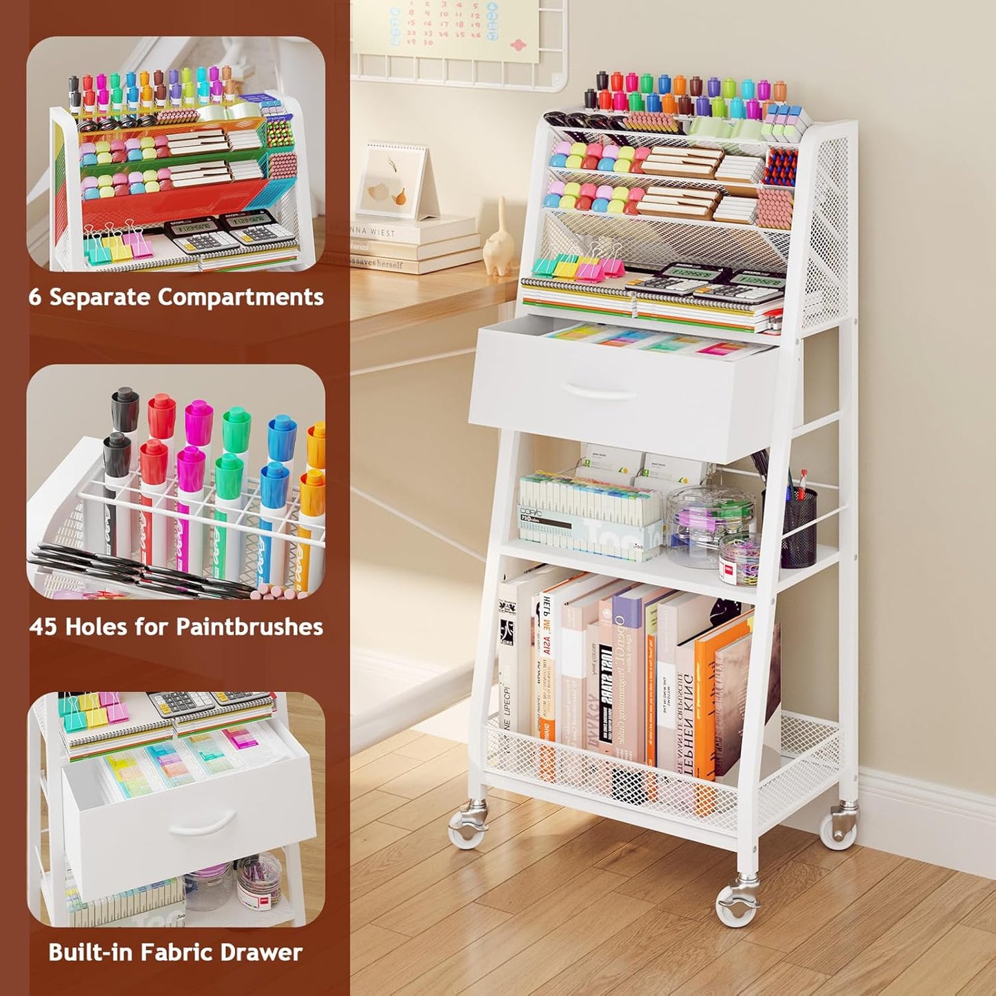 Homsorout 3 Tier Rolling Cart - Metal Utility Cart with Storage Drawer and Wheels, Versatile Art & Craft Organizer for Home, Office, or Studio - Ideal for Storing Brushes, Paints, and Supplies