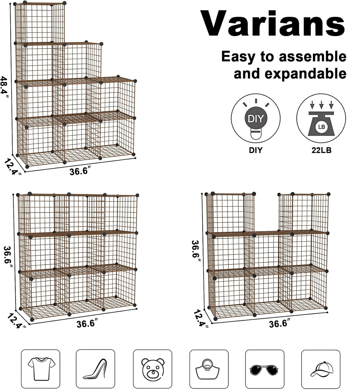 C&AHOME Wire Cube Storage, 6 - Cube Organizer Metal C Grids, Modular Shelves Units, Storage Bins Shelving, Closet Organizer, Ideal for Home, Office, Living Room, 36.6”L x 12.4”W x 36.6”H Black