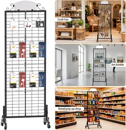 Urban Deco Grid Wall Panel Display Stand, 2.2' x 6.2' FT Gridwall Panel with Extra 8 Hooks, Craft Show Display Rack Black Metal Grids Standing Wire Rack for Retail Merchandise