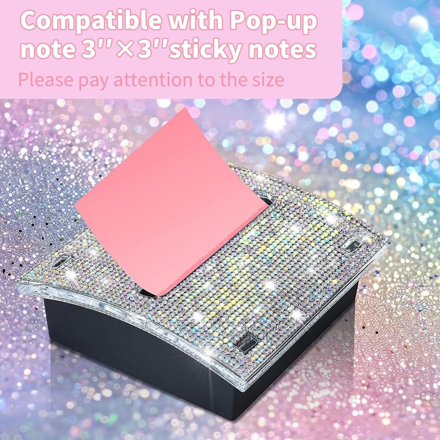Rhinestone Self Sticky Note Holder Post it Note Dispenser Pop-Up Sticky Notes Dispenser 4 x 4 inch Post it Dispenser for Office Desk Accessories(Pink)
