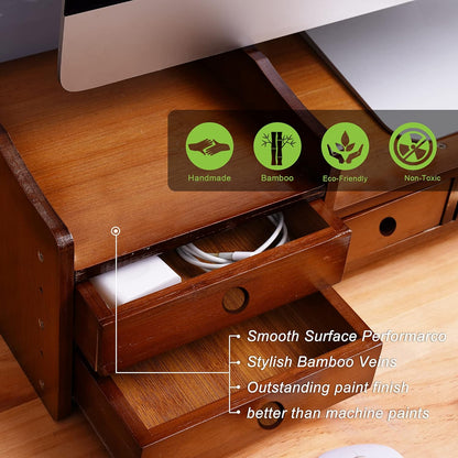 Sundale Outdoor WAYTRIM Bamboo Wood Monitor Stand Ergonomic Computer Riser with Storage Organizer Drawers Desktop Laptop Shelf Risers Cellphone Stand for Home and Office Use, Classic Antique Brown