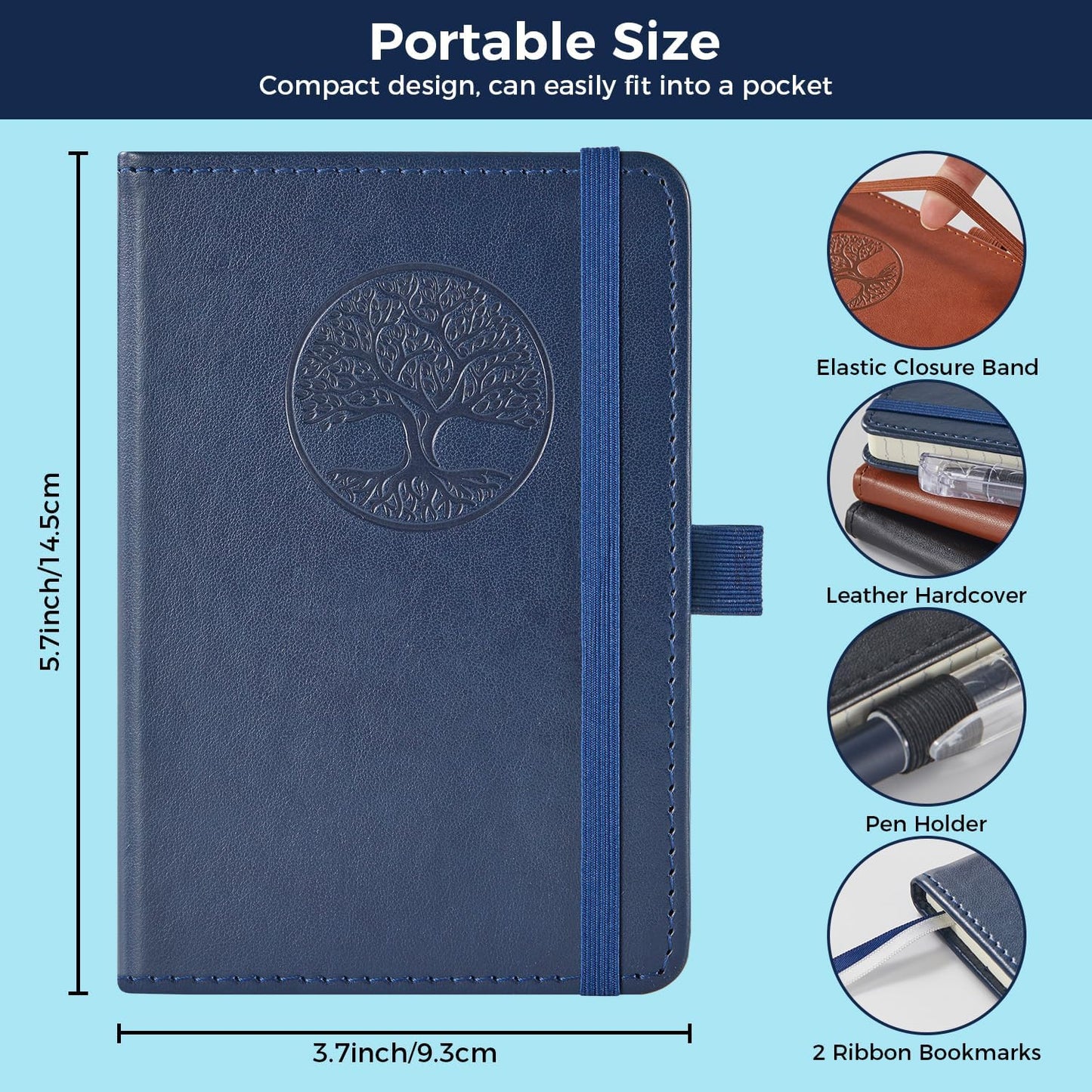NIRMIRO 3 Pack Pocket Notebook Journals, Small Notepad Notebooks for Note Taking, A6 Mini Note pads with Pen Holder, 408 Lined Pages, 3.7" x 5.7", Black, Brown, Blue